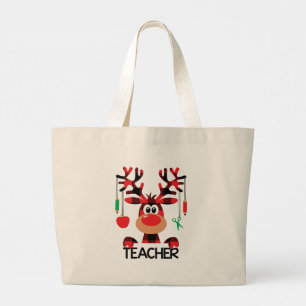 Christmas Teacher with Red Plaid Reindeer Large Tote Bag