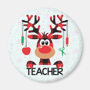 Christmas Teacher with Red Plaid Reindeer Magnet