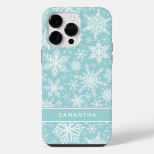 Christmas Teal and White Snowflakes Monogrammed iPhone 14 Pro Max Case