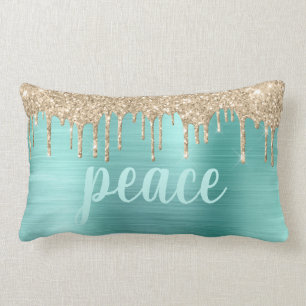 Christmas Teal Glitter Drips Metallic Typography L Lumbar Cushion