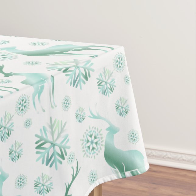 Christmas Teal Metallic Snowflakes and Reindeers Tablecloth (In Situ)