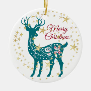 Christmas Teal Reindeer Golden Stars Elegant Ceram Ceramic Ornament