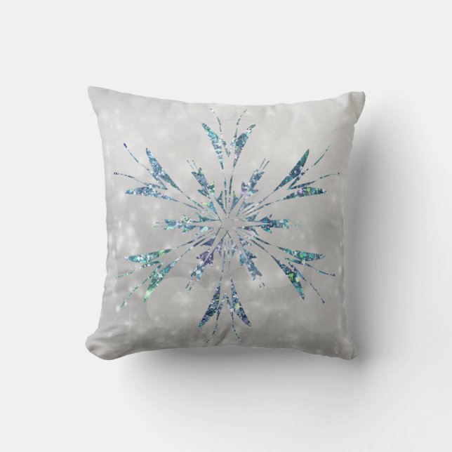 Christmas Teal Snowflake Sparkle Silver Cushion (Front)