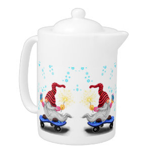 Christmas Teapot Gift with Skater Gnome with Gifts