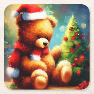 Christmas Teddy Bear 1 Square Paper Coaster