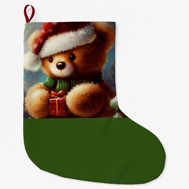 Christmas Teddy Bear 2 Large Christmas Stocking (Front)