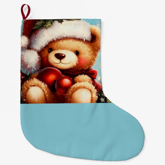 Christmas Teddy Bear 4 Large Christmas Stocking (Front)