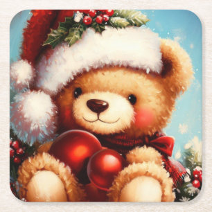Christmas Teddy Bear 4 Square Paper Coaster
