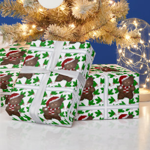 Christmas Teddy Bear And Holly Wrapping Paper