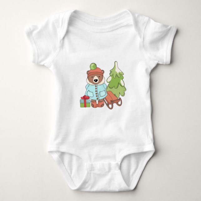 Christmas Teddy Bear Couple with Gift   Baby Bodysuit (Front)