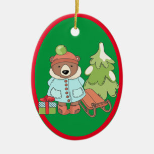 Christmas Teddy Bear Couple with Gift  Ceramic Ornament