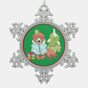 Christmas Teddy Bear Couple with Gift   Snowflake Pewter Christmas Ornament