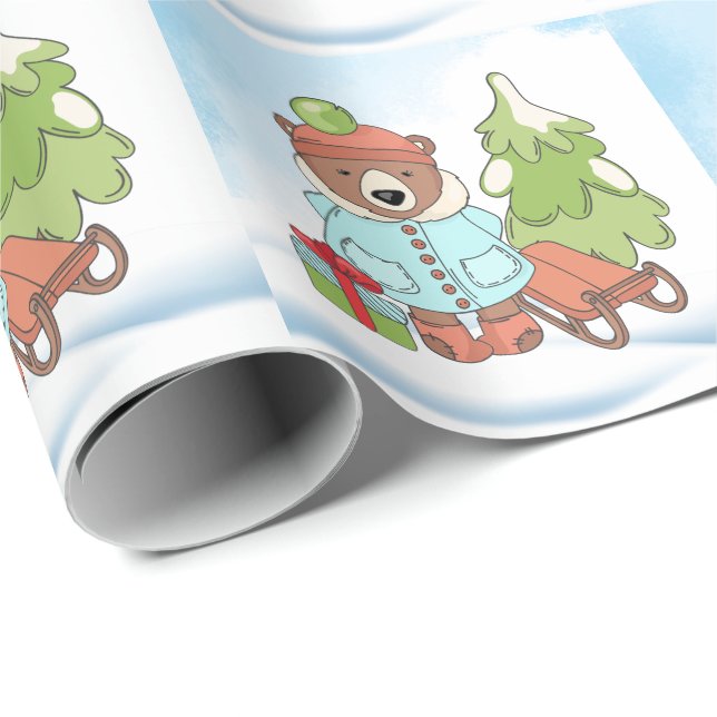 Christmas Teddy Bear Couple with Gift     Wrapping Paper (Roll Corner)