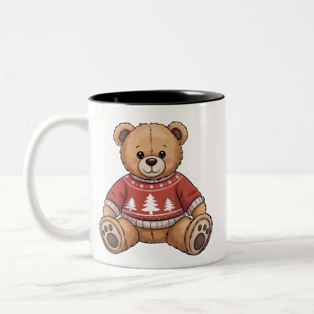 Christmas Teddy Bear Cute Xmas Gift Two-Tone Coffee Mug (Left)