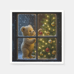 Christmas Teddy Bear Decorating a Tree Napkin