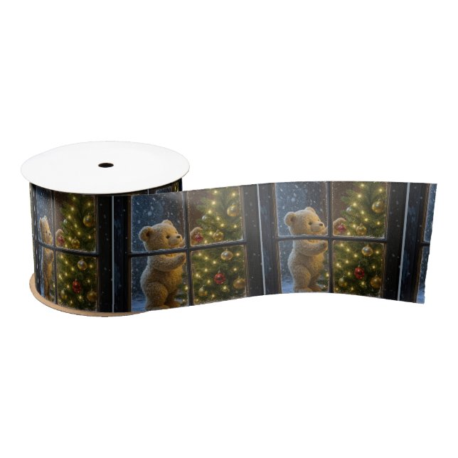 Christmas Teddy Bear Decorating a Tree Satin Ribbon (Spool)