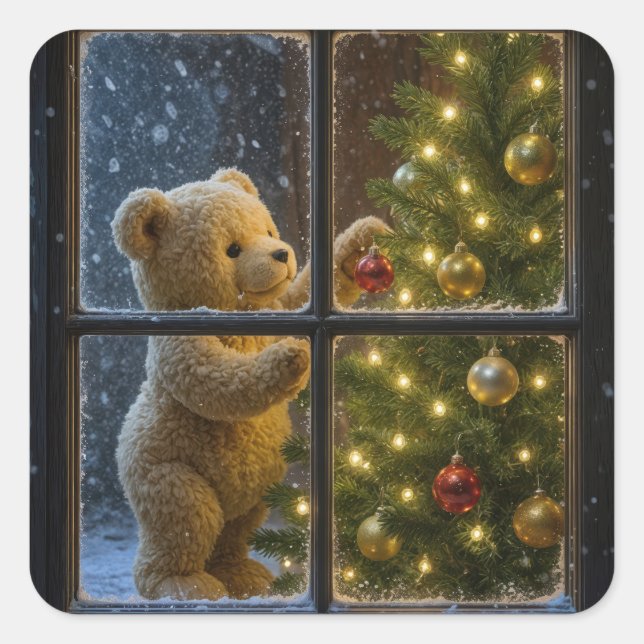 Christmas Teddy Bear Decorating a Tree Square Sticker (Front)