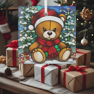 Christmas Teddy Bear Faux Stained Glass  Tree Decoration