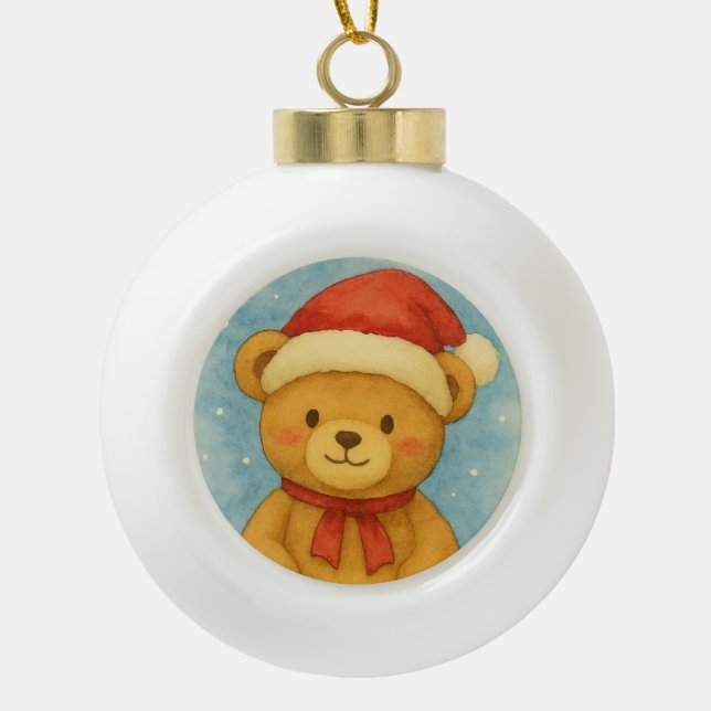 Christmas Teddy Bear in Snowy Wonderland Ceramic Ball Christmas Ornament (Front)