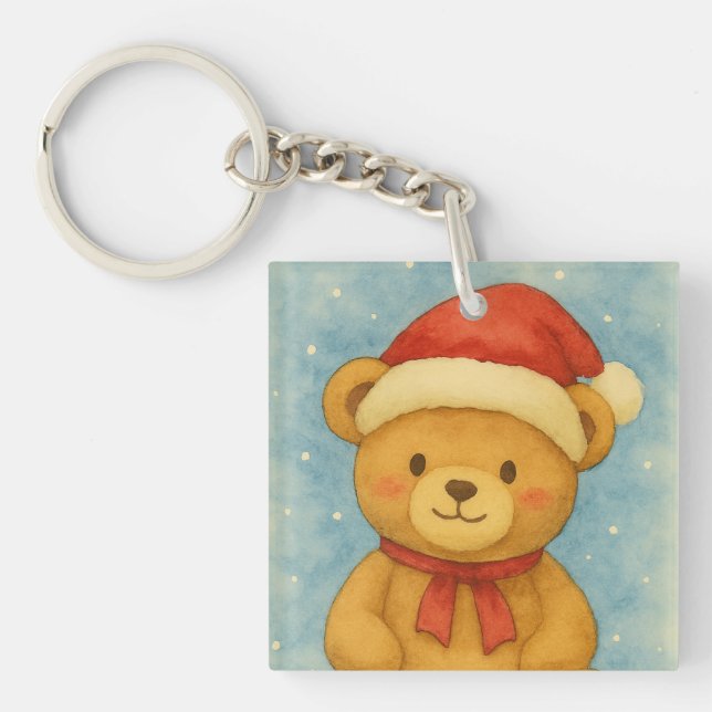 Christmas Teddy Bear in Snowy Wonderland Key Ring (Front)
