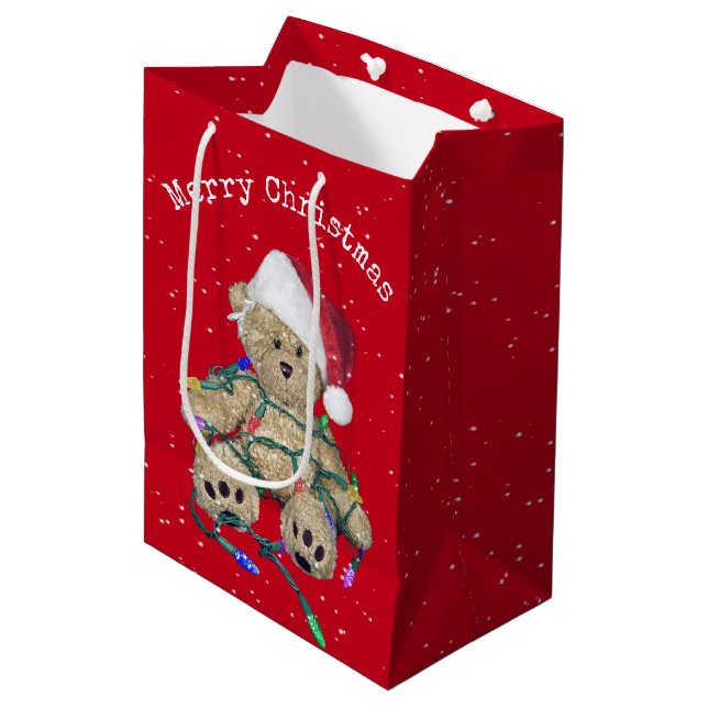 Christmas Teddy Bear In Tangled Lights Medium Gift Bag (Front Angled)