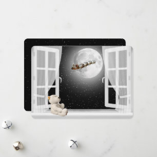 Christmas Teddy Bear in Window   Holiday Card