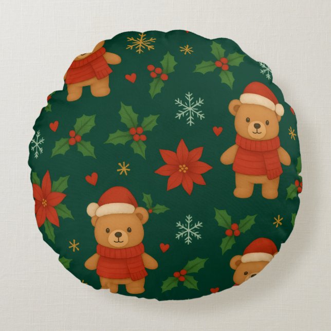 Christmas Teddy Bear Pattern – Cute Green Holiday  Round Cushion (Front)