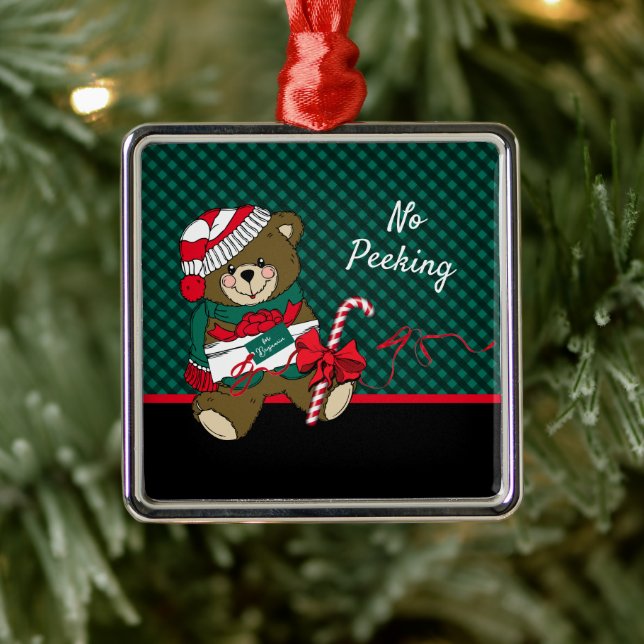 Christmas Teddy Bear Plaid Personalised Metal Ornament (Tree)