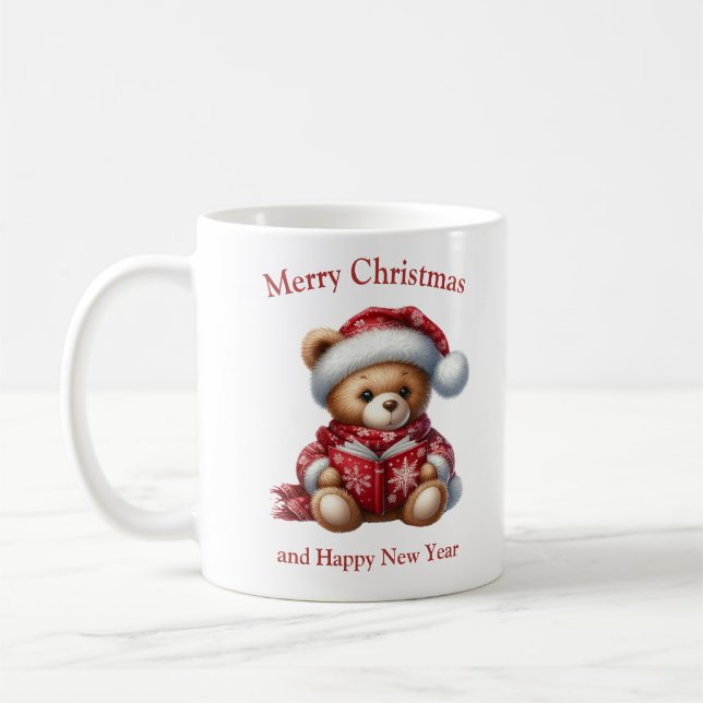 Christmas teddy bear reading a book mistletoe coffee mug (Left)