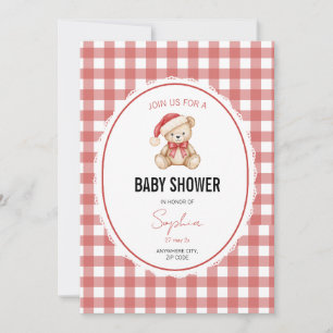 Christmas Teddy Bear Red Gingham Baby Shower Invitation