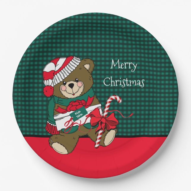 Christmas Teddy Bear Red & Green Plaid Kids Table Paper Plate (Front)