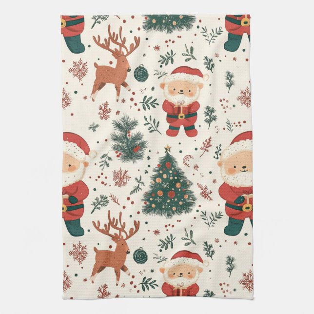 Christmas Teddy Bear Santa Pattern (2) Tea Towel (Vertical)