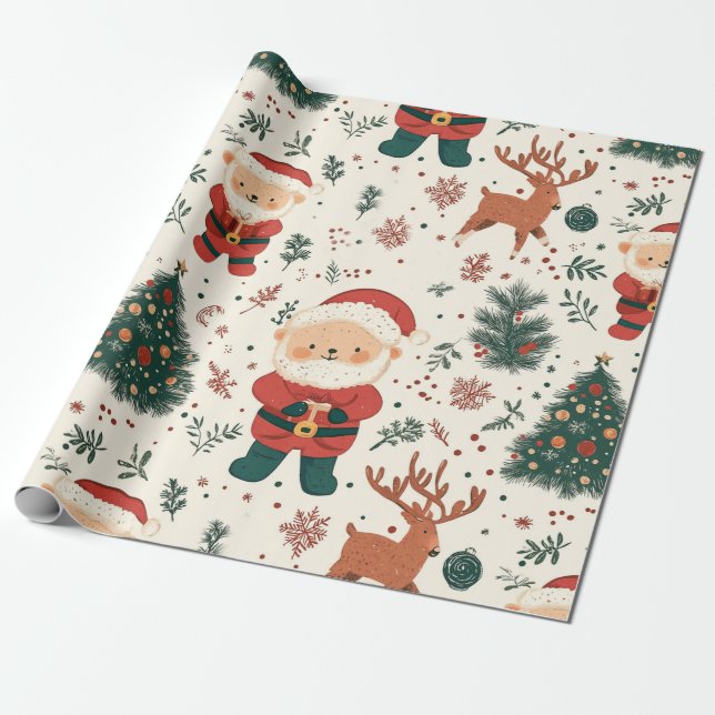 Christmas Teddy Bear Santa Pattern (2) Wrapping Paper (Unrolled)