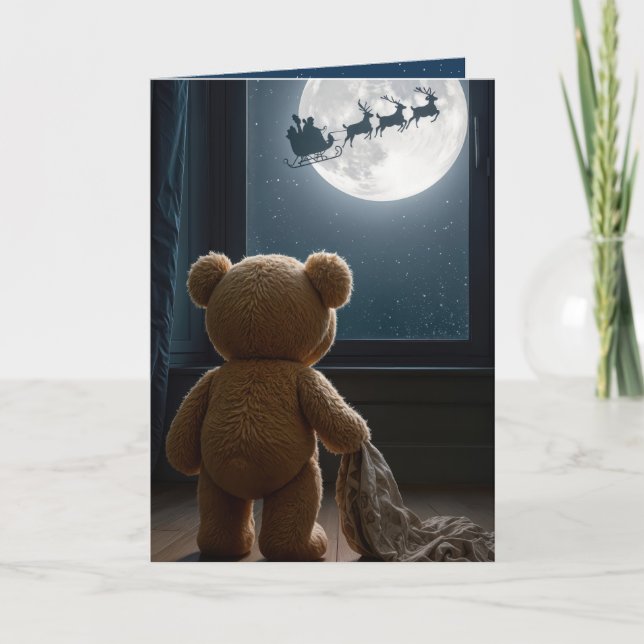 Christmas Teddy Bear Watching Santa Card (Front)