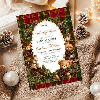 Christmas Teddy Bear We Can Bearly Wait Tartan Invitation