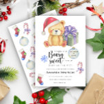 Christmas Teddy Bear Winter Baby shower Invitation<br><div class="desc">"There's a Beary Sweet baby on the way". Celebrate with this teddy bear themed baby shower party!
Watercolor cute teddy bear with christmas gift,  in santa hat. On the reverse side of the card are holiday christmas pattern (candy cane,  christmas tree ball toy,  christmas socks).</div>