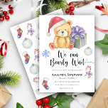 Christmas Teddy Bear Winter Baby shower Invitation<br><div class="desc">"We can bearly wait". Celebrate with this teddy bear themed baby shower party!
Watercolor cute teddy bear with christmas gift,  in santa hat. On the reverse side of the card are holiday christmas pattern (candy cane,  christmas tree ball toy,  christmas socks).</div>
