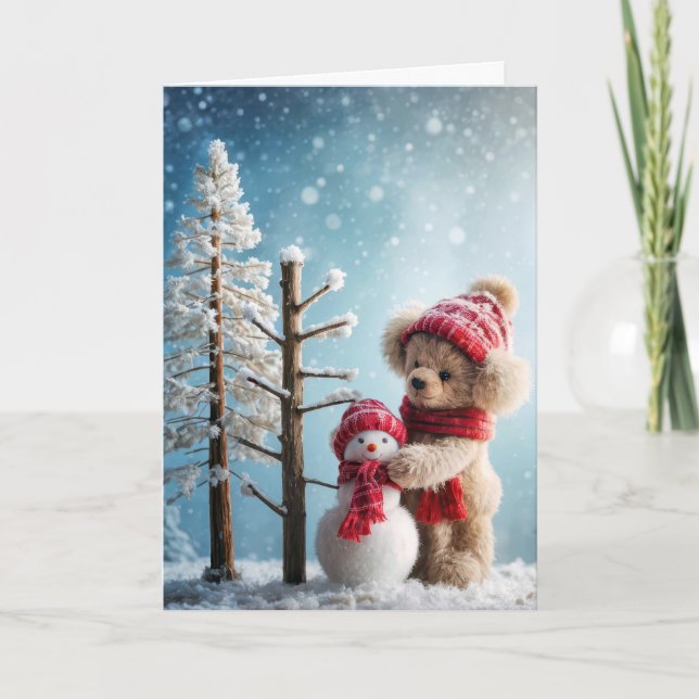 Christmas Teddy Bear With a Snowman Holiday Card (Front)