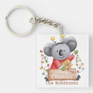 Christmas Teddy Bear with Gift and Snowflakes Key Ring