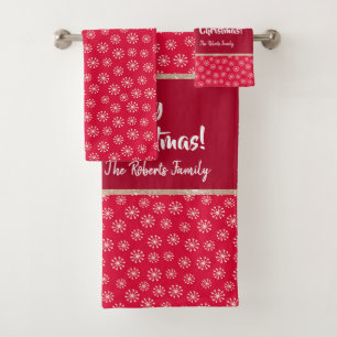 Christmas Teddy Bear with Gift and Snowflakes, Red Bath Towel Set