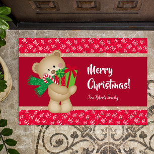 Christmas Teddy Bear with Gift and Snowflakes, Red Doormat