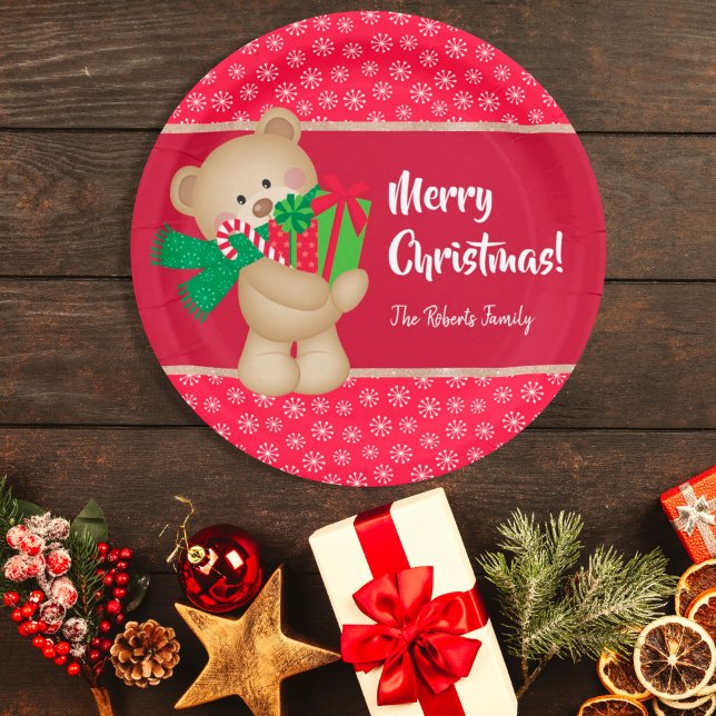 Christmas Teddy Bear with Gift and Snowflakes, Red Paper Plate (Creator Uploaded)