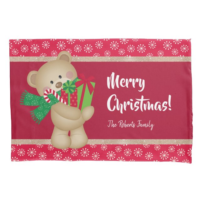 Christmas Teddy Bear with Gift and Snowflakes, Red Pillowcase (Front)
