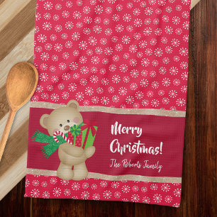 Christmas Teddy Bear with Gift and Snowflakes, Red Tea Towel