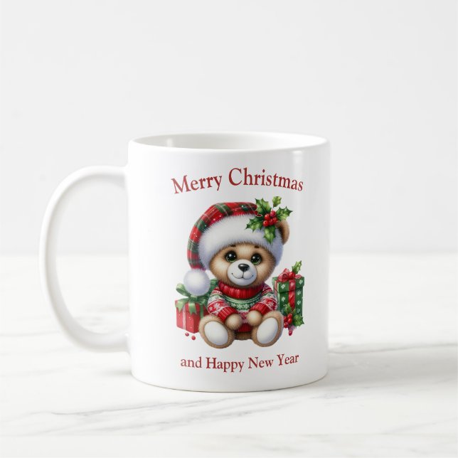 Christmas teddy bear with presents and mistletoe coffee mug (Left)
