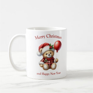 Christmas teddy bear with red balloon mistletoe coffee mug
