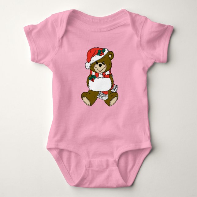 Christmas Teddy Bear with Santa Hat and White Muff Baby Bodysuit (Front)