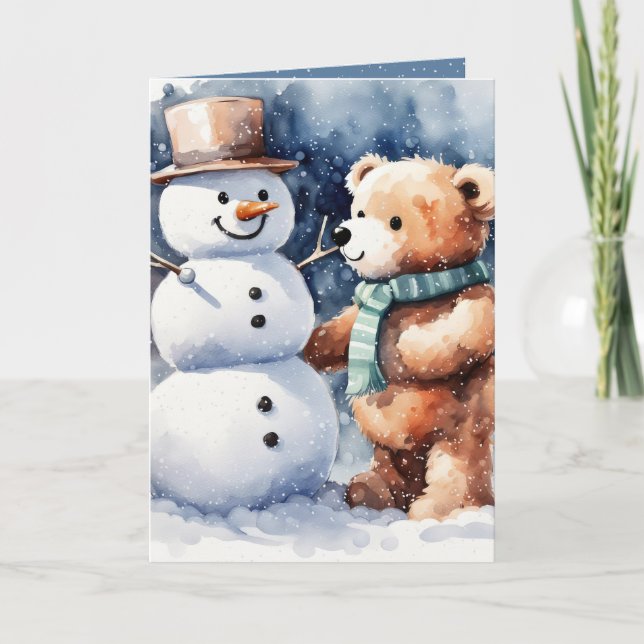 Christmas Teddy Bear With Snowman Holiday Card (Front)