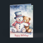 Christmas Teddy Bear With Snowman Holiday Card<br><div class="desc">Cute watercolor brown teddy bear with snowman.
Text is editable.</div>