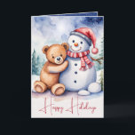 Christmas Teddy Bear With Snowman Holiday Card<br><div class="desc">Cute watercolor brown teddy bear with snowman and snowflakes.
Text is editable.</div>